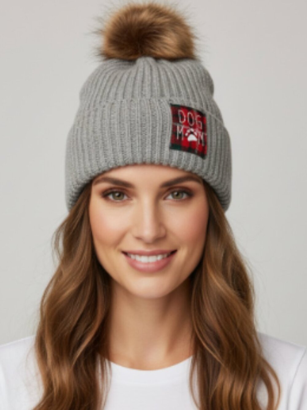 David & Young “Dog Mom” Gray Pom Pom Beanie – Plaid Patch